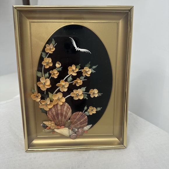 Other - Vintage‎ Shell Art Floral Bird Black Velvet Gold Frame Cherry blossoms Beach 8"